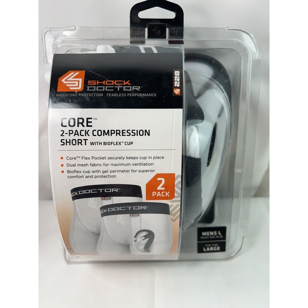 Shock Doctor Men Core Compression Shorts 2-Pack with Bio-Flex Cup - White Sz L‎